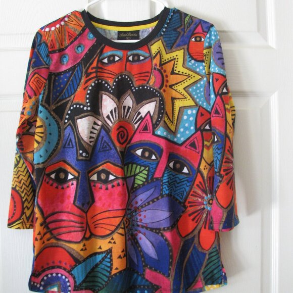 Laurel Burch Tops - Laurel Burch Top Blouse Large EUC Colorful Cats Cat 3/4 Sleeve FINAL